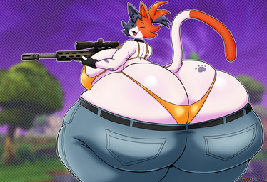 anthro big_breasts big_butt bikini bikini_top bottomwear breasts butt butt_cleavage clothing dipstick_tail female fingerless_gloves gloves gun handwear holding_gun holding_object holding_ranged_weapon holding_weapon huge_breasts huge_butt huge_hips huge_thighs hyper hyper_butt looking_at_viewer looking_back markings one_eye_closed open_mouth pants ranged_weapon rifle sniper_rifle solo swimwear tail tail_markings tattoo thick_thighs thong two-piece_swimsuit underwear weapon white_body wide_hips wink framedrag epic_games fortnite cate_meowdy calico_cat domestic_cat felid feline felis mammal