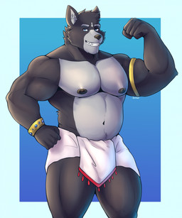 anthro areola armband armlet barazoku biceps biped blue_border blue_eyes border bracelet clothed clothing deltoids facial_piercing facial_tuft flexing flexing_bicep front_view fur gold_(metal) gold_jewelry gradient_background grey_body grey_fur jewelry lip_piercing looking_at_viewer male musclegut muscular muscular_anthro muscular_arms muscular_legs muscular_male nipples pecs piercing pose quads simple_background skimpy solo stocky text topless topless_anthro topless_male trapezius triceps tuft wristband darolion adastra adastra_(series) echo_project amicus_(adastra) canid canine canis mammal wolf 2023 artist_name colored hi_res portrait shaded three-quarter_portrait