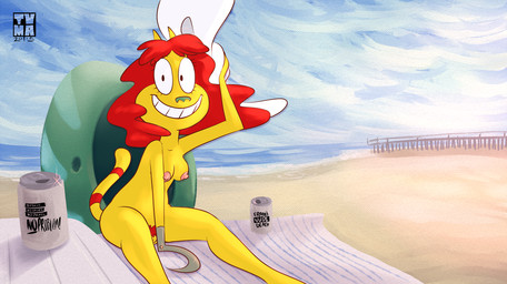 1_artificial_limb amputee anthro barely_visible_genitalia barely_visible_vulva beach breasts clothing disability female fur genitals grin hair hat hat_only headgear headgear_only headwear headwear_only hook hook_hand looking_at_viewer markings missing_hand mostly_nude nipples nude outside pubes public public_nudity red_hair ring_(marking) ringed_tail seaside single_amputee sitting smile solo striped_markings striped_tail stripes tail tail_markings toony vulva yellow_body yellow_fur tvma nickelodeon rocko's_modern_life dr._hutchison domestic_cat felid feline felis mammal 2015 portrait three-quarter_portrait