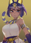 :< alternate_species armlet belt big_breasts blue_eyes blue_hair breasts clothing dark_body dark_skin egyptian egyptian_clothing eye_of_horus eyebrow_through_hair eyebrows eyelashes eyeliner female hair kalasiris makeup markings mascara open_mouth parted_lips short_hair side_boob simple_background solo striped_markings striped_tail stripes tail tail_markings translucent translucent_clothing translucent_hair translucent_topwear uraeus usekh yellow_background chami animal_crossing nintendo ankha_(animal_crossing) animal_humanoid cat_humanoid domestic_cat felid felid_humanoid feline feline_humanoid felis humanoid mammal mammal_humanoid 2020 absurd_res hi_res