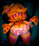 anthro big_breasts breasts cleavage clothed clothing female food legwear machine open_mouth pink_eyes pizza pizza_slice solo text text_on_clothing thick_thighs thigh_highs kassadiro cryptiacurves_(modeler) five_nights_at_freddy's fredina's_nightclub scottgames chica_(fnaf) chiku_(cryptiacurves) animatronic avian bird chicken galliform gallus_(genus) phasianid robot 2024 3d_(artwork) absurd_res digital_media_(artwork) hi_res