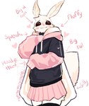 anthro biped black_clothing black_eyes black_hoodie black_topwear blush blush_lines bottomwear clothed clothing crossdressing femboy fur heart_symbol hoodie legwear looking_at_viewer male multicolored_hoodie pink_clothing pink_hoodie pink_topwear skirt solo thigh_highs topwear white_body white_fur bunonthemoon arthropod insect lepidopteran moth 2024 hi_res