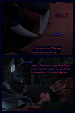 anthro arm_warmers armwear blue_eyes breasts clothing dialogue female flirting fur leg_warmers legwear male moan nipple_fetish nipple_pinch nipple_play nipples pinch purple_body purple_fur red_body red_fur robe shirt topwear flailingfornication bat mammal origin_species 3d_(artwork) absurd_res comic digital_media_(artwork) hi_res mother_(lore) parent_(lore) son_(lore)