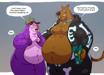anthro areola belly big_belly blush bodily_fluids box brown_body brown_fur claws clenched_teeth clothed clothing collar collar_tag container costume dialogue duo eggplant eye_contact food fruit fur holding_box holding_container holding_object looking_at_another male moobs navel nipples obese obese_anthro obese_male onesie overweight overweight_anthro overweight_male pink_body pink_fur plant scooby_snacks simple_background smile speech_bubble sweat sweatdrop tail teeth text unzipped zipper ruffus_woofus cartoon_network courage_the_cowardly_dog epic_games fortnite hanna-barbera scooby-doo_(series) courage_the_cowardly_dog_(character) scooby-doo scooby-doo_(fortnite) beagle canid canine canis domestic_dog great_dane hunting_dog mammal mastiff molosser scent_hound 2025 english_text hi_res signature