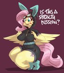 anthro anthrofied big_breasts blush bodysuit breasts clothed clothing crouching cutie_mark eyebrows eyelashes eyewear fake_ears fake_rabbit_ears female fingers footwear goggles hair hood long_hair looking_down pink_hair pink_tail purple_background simple_background skinsuit socks solo tail teal_eyes tight_clothing wings yellow_body flutterthrash friendship_is_magic hasbro my_little_pony mythology fluttershy_(mlp) equid equine mammal mythological_creature mythological_equine pegasus 2025 absurd_res hi_res signature