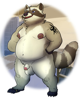 anthro balls barbell_piercing belly bench big_balls big_belly brown_body chest_tuft digit_ring feet fist foreskin genital_piercing genitals hands_on_hips head_tuft jewelry male markings mature_male moobs multiple_piercings muscular muscular_arms muscular_legs navel nipple_barbell nipple_piercing nipples open_mouth open_smile overweight overweight_male partially_retracted_foreskin penis penis_piercing piercing prince_albert_piercing ring ring_(marking) ringed_tail short_legs shower_room small_penis smile solo striped_markings striped_tail stripes tail tail_markings tattoo teeth tile toe_ring toes tongue tuft vein dark_sparce mammal procyonid raccoon 2023 absurd_res hi_res