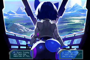 anthro anus_outline arwing back_boob belt biped blue_body blue_hair bodysuit breasts bubble_butt butt camel_toe camel_toe_from_behind choice choice_question clothing cockpit crown female female_anthro flying glowing glowing_eyes hair headgear jacket landscape mountain pilot planet rear_view skinsuit sky skyscape solo spacecraft spacesuit spreading temple text tiara tight_clothing topwear vehicle chilllum honi_do dinosaur_planet nintendo rareware star_fox krystal_(star_fox) canid canine fox mammal 3:2 english_text hi_res story story_in_description