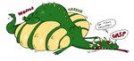 after_vore anthro belly big_belly green_body huge_belly lying on_front overweight red_eyes simple_background solo speech_bubble text vore white_background agouti-rex mythology dragon mythological_creature mythological_scalie scalie 2015