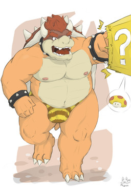 ?_block abstract_background anthro biped block bracelet bulge claws clothed clothing collar eyebrows fungus hair item_box jewelry male mega_mushroom mushroom nipples on_one_leg open_mouth power-up punch red_hair skimpy solo spiked_bracelet spiked_collar spikes standing thick_eyebrows thong toe_claws underwear misterbunny56 mario_bros nintendo bowser koopa scalie 2014 hi_res pictographics warm_colors