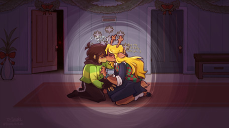 anthro blonde_hair bodily_fluids bottomwear brown_body brown_fur brown_hair clothing crying female freckles fur green_clothing green_shirt green_topwear group hair horn inside kissing male shirt sitting skirt tears text topwear trio stephsartlab deltarune undertale_(series) kris_dreemurr noelle_holiday deer mammal new_world_deer reindeer soul_(undertale) 16:9 2025 hi_res widescreen