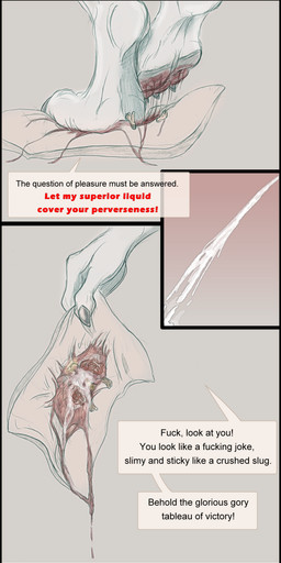 anthro black_border bodily_fluids border crush cum duo feet female genital_fluids gore macro male male/female micro profanity snuff stomping text trampling shiraclawr canid canine canis mammal wolf absurd_res comic english_text hi_res