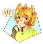 anthro blonde_hair brown_markings clothed clothing glistening glistening_eyes green_clothing green_topwear hair male markings orange_body pink_nose purple_eyes solo tan_body teeth topwear sonyan bust_portrait hi_res portrait