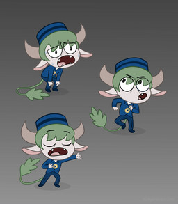 4_fingers big_head black_eyes blue_clothing bodily_fluids bovine_ears clothing delivery_(commerce) delivery_employee dot_eyes eye_through_hair eyes_closed fangs female fingers green_hair green_tail grey_background hair hands_on_knees hands_on_legs hat headgear headwear horn looking_up noseless open_mouth postal_carrier postal_delivery short_arms short_hair short_legs simple_background simple_eyes small_body solo sweat sweatdrop tail teeth tired tired_expression translucent translucent_hair uniform white_body white_skin lithiumbot disney star_vs._the_forces_of_evil ransomgram_monster_(svtfoe) animal_humanoid bovid bovid_humanoid bovine bovine_humanoid horned_humanoid humanoid imp mammal mammal_humanoid monster tailed_humanoid hi_res female_(lore)
