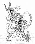 2018 anthro blush blush_lines bodily_fluids bone claws duo exposed_muscle female fingering fingering_partner flat_chested genital_fluids horn kobold licking magic_user male male/female monochrome necromancer nude scalie sex simple_background size_difference skeleton skull sorc sweat text tongue tongue_out undead vaginal_fluids
