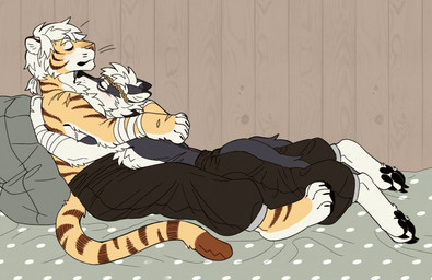 anthro arm_tuft black_bottomwear black_clothing black_nose black_pants bottomwear brown_body brown_fur cheek_tuft chest_tuft clothed clothing countershading duo ears_back elbow_tuft eyes_closed facial_tuft fur grey_body grey_fur hair hug inside lying male markings messy_hair on_front pants pink_nose pivoted_ears reclining short_hair side_view striped_arms striped_body striped_fur striped_markings striped_tail stripes tail tail_markings topless tuft unsigned white_body white_fur white_hair yellow_body yellow_fur asnnonaka arno_(asnnonaka) zach_(asnnonaka) canid canine canis felid mammal pantherine tiger wolf hi_res