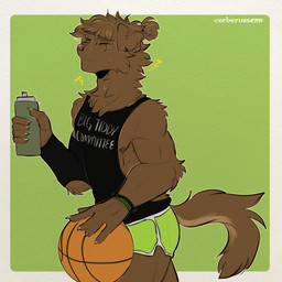 anthro arm_warmers armwear ball basketball_(ball) bodily_fluids bottle bottomwear bracelet brown_body brown_fur claws clothing container ear_piercing ear_ring emanata exercise fur green_background hair hair_bun jewelry male muscular muscular_male nipples piercing pink_nose ring_piercing shirt shorts simple_background solo sweat tail tank_top text text_on_clothing text_on_topwear topwear water_bottle workout cerberussenn meme_clothing carmen_fischer_(cerberussenn) bird_dog canid canine canis domestic_dog golden_retriever hunting_dog hybrid labrador mammal retriever 1:1 absurd_res english_text hi_res huge_filesize meme signature