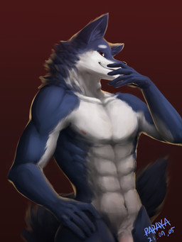 anthro blue_body blue_fur brown_background flaccid fur genitals glistening glistening_eyes looking_at_viewer male muscular muscular_anthro muscular_male narrowed_eyes navel nipples nude penis penis_base red_eyes simple_background smile solo standing white_body white_fur white_penis papayafurry canid mammal 2021 3:4 absurd_res dated half-length_portrait hi_res portrait signature