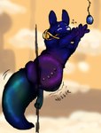 ambiguous_gender climbing dark_body dark_fur eyes_closed feral food fruit fur iridescent jewelry lamp lantern motion_lines necklace plant pole pregnant pregnant_feral solo stretching teats welcometaco rain_world videocult slugcat hi_res