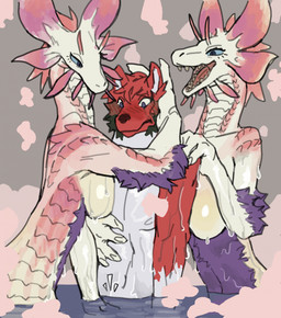 anthro bathing bathing_together big_breasts blush bodily_fluids breasts female fingers fur grope groping_crotch male nude scales simple_background white_body yolabayola1 capcom monster_hunter nick_the_wolf canid canine canis leviathan_(mh) mammal mizutsune scalie wolf hi_res
