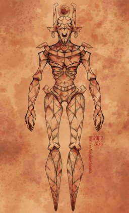 abstract_background ambiguous_gender anthro black_and_brown bone claws empty_eyes featureless_feet feet front_view nub_feet skinny skinny_anthro skull skull_head solo standing text lusciouslioness project_silverfish monster undead 2025 absurd_res dated hi_res monochrome url