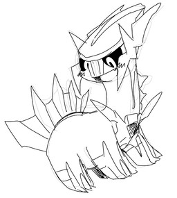 ambiguous_gender open_mouth simple_background solo white_background doneru nintendo pokemon dialga generation_4_pokemon legendary_pokemon pokemon_(species) 2015 black_and_white monochrome