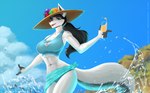 alcohol anthro beach_towel beverage bikini black_fingers black_hair blue_bikini blue_clothing blue_eyes blue_swimwear breasts cleavage clothed clothing female floral_pattern flower flower_accessory flower_on_hat fur hair hat headgear headwear keyhole_bikini midriff plant ponytail smile solo splashing_water sun_hat swimwear towel two-piece_swimsuit water water_spray white_body white_fur wmdiscovery93 gwynneth_mai canid canine canis mammal wolf hi_res