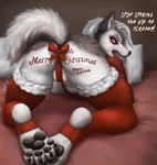 4_toes angry anthro areola areola_slip ass_up bed bedroom black_pawpads body_writing breasts butt camel_toe christmas_clothing christmas_present claws clothed clothing dialogue exclamation_point feet female fluffy fluffy_tail frustrated fur furniture gift gift_bow gift_wrapping grey_body grey_hair hair holidays inside legwear long_hair looking_at_viewer looking_back looking_back_at_viewer merry_christmas nipples on_bed pawpads paws pillow presenting rear_view red_clothing red_sclera sharp_teeth skimpy solo spread_legs spreading stirrup_stockings stockings sweater tail tail_aside teeth text text_on_body thick_thighs toe_claws toeless_legwear toes topwear tuft white_body white_fur wraps yelling yelling_at_viewer hootingfish christmas helluva_boss mythology loona_(helluva_boss) canid canid_demon canine demon hellhound mammal mythological_canine mythological_creature english_text hi_res