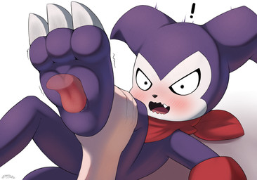 ambiguous_gender anthro blush bodily_fluids exclamation_point feet first_person_view foot_fetish foot_focus foot_lick foot_play licking male open_mouth purple_body saliva saliva_on_foot shortstack shortstack_male tongue pawsolie bandai_namco digimon digimon_(species) imp impmon mammal absurd_res digital_media_(artwork) hi_res