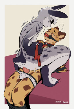 anal anal_penetration anthro anthro_on_anthro anthro_penetrated anthro_penetrating anthro_penetrating_anthro bdsm bedroom biped bit_gag bound brown_eyes butt clothing collar duo erection fur gag genitals grey_body grey_fur grey_tail half-closed_eyes holding_leash holding_object leash leash_pull leashed_top male male/male male_penetrated male_penetrating male_penetrating_male narrowed_eyes penetration penile penile_penetration penis power_bottom sex simple_background smile tail teeth thrust_lines thrusting tongue yellow_body yellow_fur twang cheetah felid feline lagomorph leporid mammal rabbit hi_res