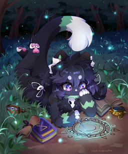 anthro biped black_body black_fur black_hair book claws clock clothing detailed_background dipstick_tail female fluffy fluffy_tail forest forest_background fur hair holding_object holding_torch hoodie inner_ear_fluff magic magic_circle markings monotone_body monotone_fur nature nature_background night open_mouth outside pawpads plant purple_eyes purple_markings scroll skull_accessory snow snowing solo tail tail_markings topwear torch tree tuft watch white_fingers white_nose white_tail_tip yoshinokyoko domestic_cat felid feline felis mammal digital_media_(artwork) hi_res