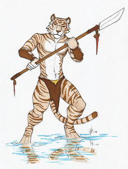anthro athletic athletic_anthro athletic_male bottomwear brown_eyes brown_nose brown_stripes clothed clothing front_view fur holding_object holding_weapon loincloth looking_at_viewer male male_anthro mouth_closed narrowed_eyes partially_submerged reflection simple_background solo standing striped_arms striped_body striped_fur striped_legs stripes tan_body tan_fur topless weapon white_background hufnaar felid mammal pantherine tiger 2018 dated full-length_portrait hi_res portrait