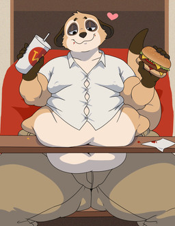 anthro belly belly_overhang belly_rolls belly_squish big_belly bottom_heavy burger butt butt_from_the_front deep_navel fat_arms fat_rolls food half-closed_eyes heart_symbol huge_belly huge_thighs ill-fitting_clothing looking_pleasured love_handles male moobs muffin_top narrowed_eyes navel nipple_outline obese obese_male overweight overweight_male solo spread_legs spreading squish stuffing thick_thighs wide_hips kitkatmastercat rodney_(kitkatmastercat) herpestid mammal meerkat hi_res