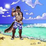 anthro beach brown_body brown_fur clothed clothing eyes_closed fur genitals male muscular muscular_anthro muscular_male penis penis_base pubes seaside smile solo standing swimwear teasing julicat rusty_wollef canid canine canis mammal wolf 1:1