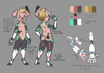 4_artificial_limbs anthro backsack balls black_body blonde_hair color_swatch cybernetics floppy_ears front_view genitals grey_background hair machine male mouth_closed navel nude rear_view short_hair simple_background simple_eyes solo standing tan_body tan_skin text unsigned white_body young young_anthro young_male nononge cyborg domestic_pig mammal suid suine sus_(pig) absurd_res english_text hi_res model_sheet