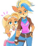 anthro belt clothing duo ear_piercing ear_ring eyewear female female/female fur gesture goggles happy piercing ring_piercing scarf shirt topwear waving kurosznk8 activision crash_bandicoot_(series) coco_bandicoot pirate_tawna bandicoot mammal marsupial hi_res