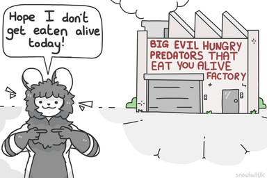anthro factory fingers_together fur grey_body grey_fur humanoid_hands imminent_vore looking_at_viewer smile solo speech_bubble talking_to_self text white_body white_fur snowballuk snowball_bunny_(character) 2026 3:2 digital_drawing_(artwork) digital_media_(artwork) english_description english_text hi_res