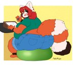 anthro ball belly big_belly big_butt biped bottomwear butt claws clothed clothing drawing exercise_ball eyebrows female fluffy fluffy_tail hair huge_belly huge_butt hyper hyper_belly hyper_butt looking_at_viewer looking_back looking_back_at_viewer markings morbidly_obese obese obese_anthro obese_female open_mouth open_smile overweight overweight_anthro overweight_female pink_nose red_body red_hair ring_(marking) ringed_tail shirt short_hair shorts simple_background sitting_on_ball smile solo striped_markings striped_tail stripes tail tail_markings tongue topwear malachyte ailurid mammal red_panda 2024