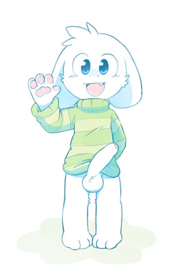 anthro balls big_penis blue_eyes bottomless bottomless_anthro bottomless_male casual_erection cheek_tuft clothed clothing cute_fangs erection exposure_variation facial_tuft fangs foreskin fur genitals gesture green_clothing green_sweater green_topwear hand_behind_back happy humanoid_genitalia humanoid_penis long_penis looking_at_viewer male pattern_clothing pattern_sweater pattern_topwear pawpads penis pose shota simple_background small_but_hung smile snaggle_tooth solo striped_clothing striped_sweater striped_topwear stripes sweater teeth topwear tuft waving white_body white_fur young young_anthro young_but_hung young_male oob undertale undertale_(series) asriel_dreemurr boss_monster_(undertale) bovid caprine goat mammal full-length_portrait hi_res pinup portrait