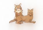 2018 3_toes 5_fingers african_golden_wolf alulu_(kemono_friends) amber_eyes ambiguous_gender animal_humanoid biped black_nose black_sclera blush breasts brown_body brown_clothing brown_fur brown_hair brown_pawpads brown_shirt brown_tail brown_topwear canid canid_humanoid canine canine_humanoid canis clothed clothing duo eyebrows fangs feet female feral fingers frown full-length_portrait fully_clothed fur fur_trim_(clothing) hair hand_on_hip highlights_(coloring) hindpaw humanoid iceeye_ena inner_ear_fluff japanese kemono_friends light_body light_skin long_hair looking_at_viewer lying mammal mammal_humanoid multicolored_hair on_front open_mouth open_smile pawpads paws portrait quadruped sailor_suit shadow shirt simple_background sitting smile snout tail tan_body tan_skin teeth toes topwear tuft two_tone_hair white_background white_hair white_highlights