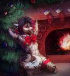 anthro biped black_body black_fur black_hair christmas_lights clothing fire fireplace fur gift hair holidays kneeling legwear male plant pose red_eyes ribbons solo stockings tree white_body white_fur narico christmas marvain canid canine felid mammal pantherine tiger hi_res