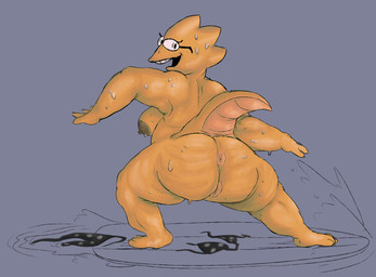 anthro areola big_butt butt clothing eyewear fat_folds female glasses nipples nude solo wardrobe_malfunction non_applicable undertale_(series) alphys reptile scalie hi_res tagme