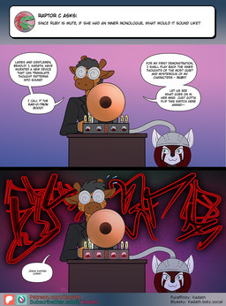anthro ask_blog black_hair black_nose dialogue duo eyewear female fur glasses hair horn internal_thoughts male ossicone red_body red_fur speech_bubble spiral_glasses text wearing_glasses white_body white_fur yellow_body yellow_fur conditional_dnp kadath kadath_(character) ruby_(kadath) ailurid giraffe giraffid mammal red_panda comic english_text hi_res