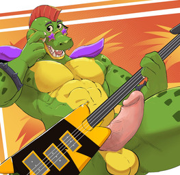 anthro balls bass_guitar erection eyewear genitals glasses green_body guitar hair humanoid_genitalia humanoid_penis looking_at_viewer male mohawk multicolored_body musical_instrument penis plucked_string_instrument red_hair sharp_teeth shoulder_pads solo star_glasses string_instrument sunglasses teeth two_tone_body negy five_nights_at_freddy's five_nights_at_freddy's:_security_breach scottgames steel_wool_studios montgomery_gator alligator alligatorid crocodilian reptile scalie 2022 hi_res