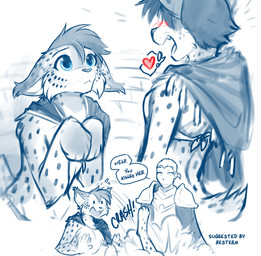 acting_like_a_cat anthro armor biped blush bottomwear breasts cape cape_only claws clothed clothed_anthro clothed_female clothed_human clothed_male clothing dialogue digitigrade fainting feet female fingers fully_clothed fully_clothed_human fully_clothed_male fur group hair humor male mostly_nude pauldron paw_pose pleading_eyes pose shocked simple_background spots standing surprised tail text toes topwear trio whiskers white_background conditional_dnp tom_fischbach twokinds alice_reed keiren_(twokinds) prince_sorrel felid feline human keidran lynx mammal 2026 comic digital_drawing_(artwork) digital_media_(artwork) english_text hi_res monochrome sketch spot_color