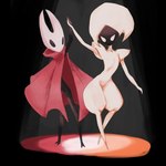 2_horns black_body black_eyes black_face black_legs cloak clothed clothing dancing duo featureless_feet featureless_hands feet female hand_holding horn mouthless noseless red_cloak red_clothing simple_background spotlight spotlight_beam standing white_body white_eyes joakley hollow_knight hollow_knight:_silksong team_cherry hornet_(hollow_knight) lace_(hollow_knight:_silksong) arthropod 1:1 2024 digital_media_(artwork)