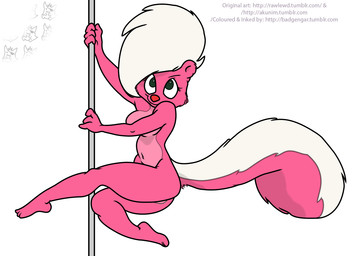 anthro black_eyes breasts butt convenient_censorship dancing female fluffy fluffy_tail fur genitals green_eyes hair looking_at_viewer navel nude pink_body pink_fur pole pole_dancing presenting presenting_hindquarters simple_background smile solo stripper_pole tail text vulva white_background white_hair rawrunes smekbo tiny_toon_adventures warner_brothers bimbette mammal mephitid skunk striped_skunk english_text url