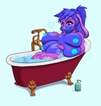 4_breasts anthro areola bathing bathtub belly big_breasts blue_areola blue_nipples breasts bubble_bath claw_foot_bathtub female fur hair lotion lotion_bottle makeup multi_breast nipples pink_hair pregnant pregnant_anthro pregnant_female purple_body purple_fur purple_hair solo misspooks lagomorph leporid mammal rabbit absurd_res hi_res