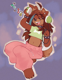 ambiguous_gender anthro bottomwear clothing collar crop_top electronics feet hair headphones listening_to_music long_hair pants shirt simple_background solo_focus sweatpants tail topwear malafox mala_(malafox) canid canine canis domestic_dog mammal hi_res