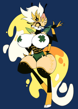 4_arms antennae_(anatomy) anthro big_breasts bimbofication breasts corruption cybernetics digitigrade female fur hand_on_butt lips looking_at_viewer machine multi_arm multi_limb pasties solo thick_lips thick_thighs yellow_body yellow_eyes yellow_fur pan_those_cakes hellaverse helluva_boss mythology queen_bee-lzebub_(helluva_boss) arthropod bee canid canine cyborg demon hymenopteran insect mammal mythological_canine mythological_creature absurd_res alpha_channel hi_res