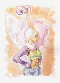 4_arms antennae_(anatomy) anthro armpit_hair bedazzled_clothing body_hair bottomwear clothing crop_top denim denim_bottomwear denim_clothing facial_piercing female hair hand_on_hip happy_trail jeans lip_piercing looking_at_viewer looking_back markings midriff mole_(marking) multi_arm multi_limb navel navel_piercing neck_tuft nose_piercing pants piercing pink_eyes pink_hair purple_body shirt skinny small_waist solo stripes topwear translucent translucent_wings tuft undercut white_hair wings yellow_body conditional_dnp octavetothink molly_(octavetothink) arthropod bee hymenopteran insect 2026 absurd_res hi_res painting_(artwork) portrait traditional_media_(artwork) traditional_painting_(artwork) traditional_watercolor_(artwork) watercolor_(artwork)